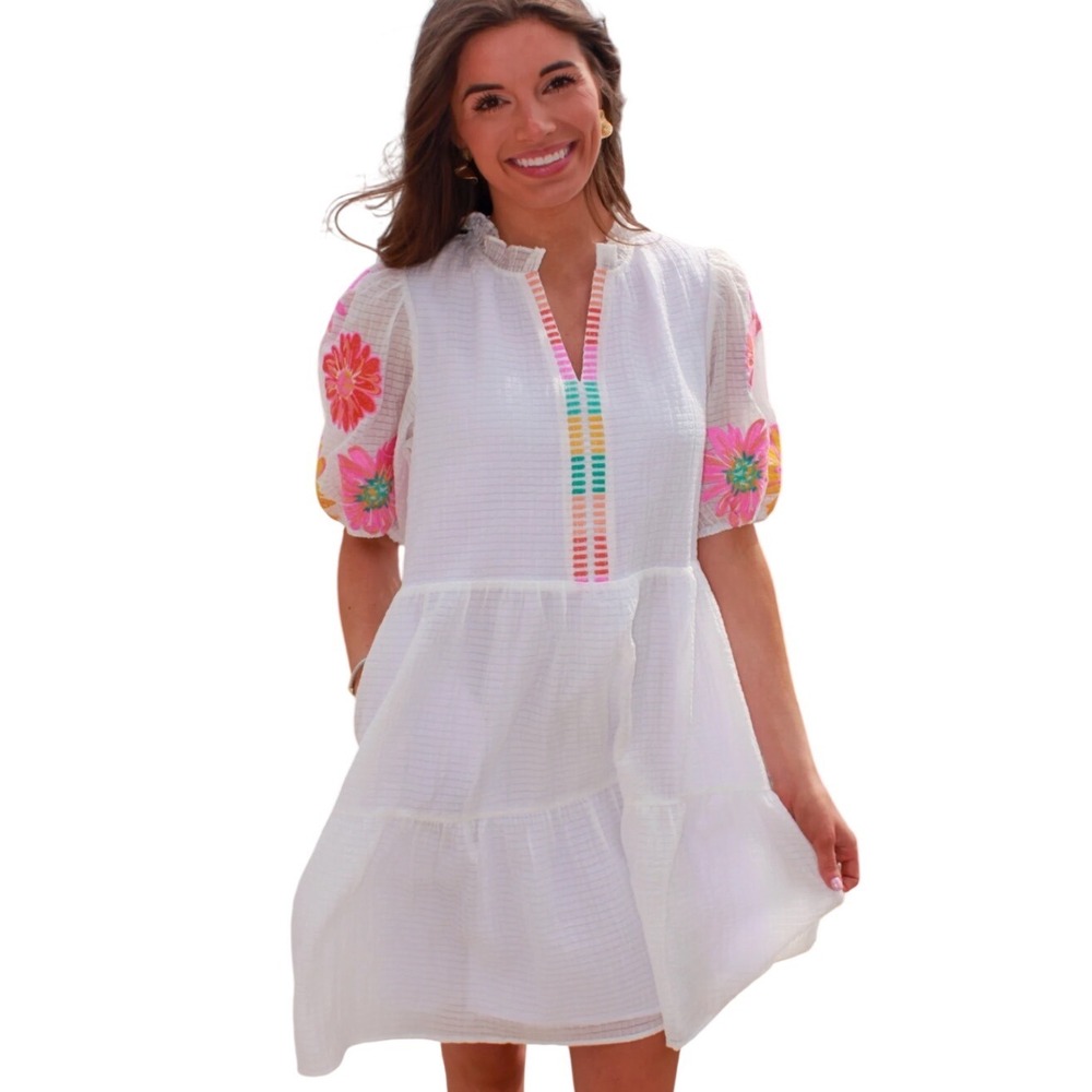THML Puff Petal White Dress Embroidered Floral Tiered Seersucker Mini WCT2552 S